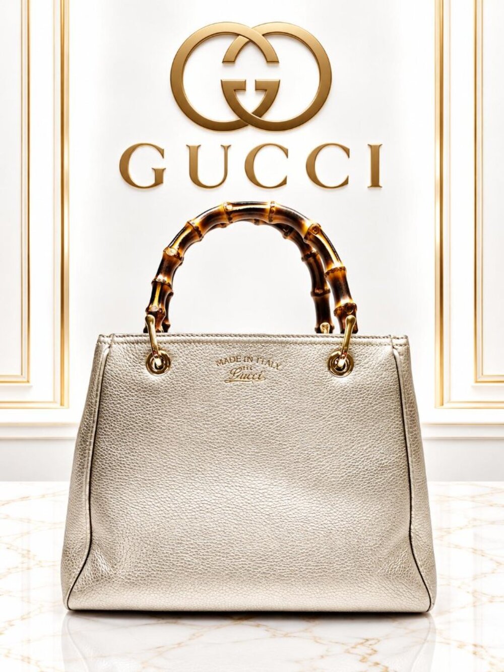 Authentic Gucci Bamboo Shopper Metallic Silver Leather Top Handle Tote Bag